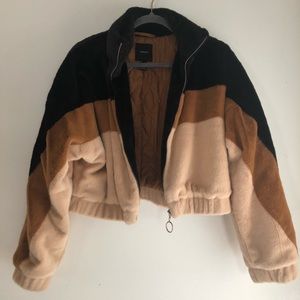 Faux Fur Tri-color Bomber Jacket